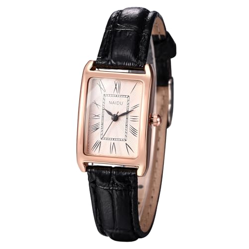Oidea Damen-Armbanduhr mit Lederband: elegante rechteckige Damenuhren, Retro, quadratisch, Quarz, Damenuhren, lässig, Business-Kleid, Armbanduhr, Geschenke für Sie, Rotgoldenes Zifferblatt, schwarzes von OIDEA