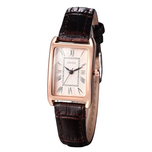 Oidea Damen-Armbanduhr mit Lederband: elegante rechteckige Damenuhren, Retro, quadratisch, Quarz, Damenuhren, lässig, Business-Kleid, Armbanduhr, Geschenke für Sie, Rotgoldenes Zifferblatt, braunes von OIDEA
