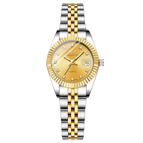 OIDEA Edelstahl Herrenuhren: Strass Quarz Analog Armbanduhren für Männer Wasserdicht Leuchtende Uhr mit Datum, B - Gold W von OIDEA