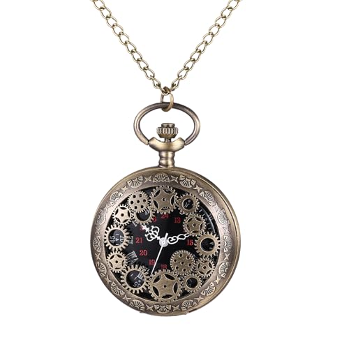 Oidea Herren Damen Taschenuhr: Steampunk hohl geprägte Zahnraddekoration Analog Quarz Taschenuhr mit Kette Abschluss Weihnachten Geburtstag Geschenke Bronze von OIDEA