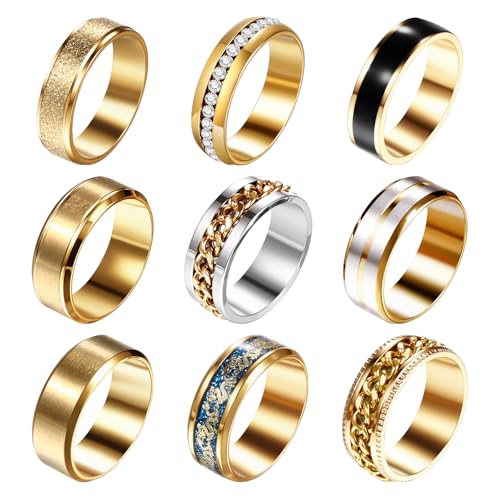 Oidea Herren Ringe Set mit Zirkonia: 9 Stück Edelstahl Gold Spinner Ring Matt Finish Poliert Vintage Biker Gothic Drache Verlobungsringe Stapelbar Partnerring Eheringe für Männer Junge Größe 60 (19.1) von OIDEA