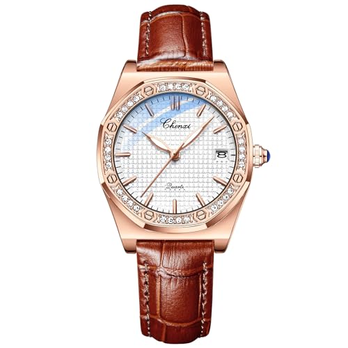 Oidea Lederuhren für Damen: Vintage achteckige Diamantlünette analoge Quarz-Armbanduhren weiches rotes Armband Business Casual Kleid wasserdicht Datum leuchtendes Zifferblatt Damen-Armbanduhr, von OIDEA