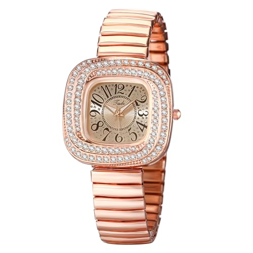 Oidea Quadratische elastische Damen-Armbanduhr: modisch, elegant, Zirkonia, Diamant-Zifferblatt, Stretchband, analog, Quarz-Armbanduhr, Kleid, lässig, Damenuhr, Elastisches Armband in Rotgold, Armband von OIDEA