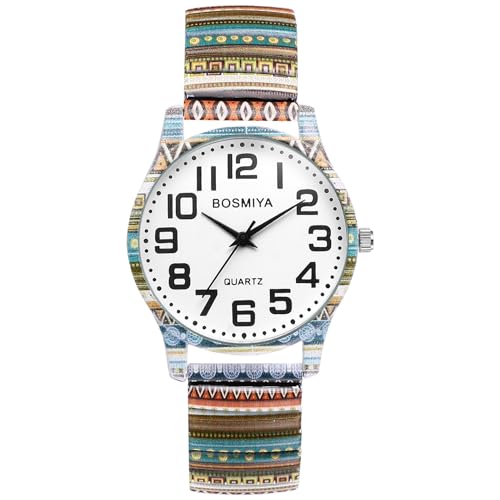 Oidea Stretchband-Uhren für Damen: Bohemia Flower Easy Reader Elastisches Band Uhr Große Ziffern Analog Quarz Armband Uhr Expansion Band Armbanduhr, Bohemia Stripes, Floral Casual von OIDEA
