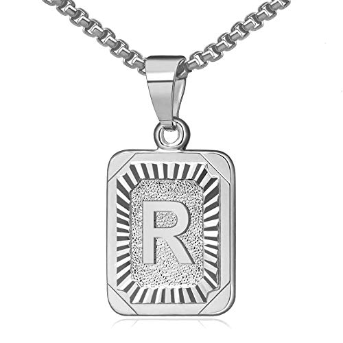 OIDEA Halskette mit Buchstabe R Silber: Unisex Charme Kette für Herren/Damen A-Z Buchstabe Anhänger Rechteck Dog Tag Kette aus Edelstahl Weizenkette Schmuck Geschenk für Männer Frauen von OIDEA