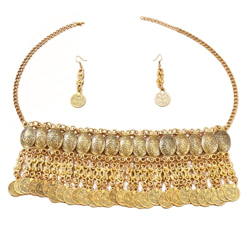 OIDIMS Extra große Münzscheibe Quaste Schmuckset indisches Bollywood Vintage Maang Tikka Hochzeit Party Ohrring Halskette übertrieben böhmische traditionelle Kleidung Accessoires personalisiert für von OIDIMS