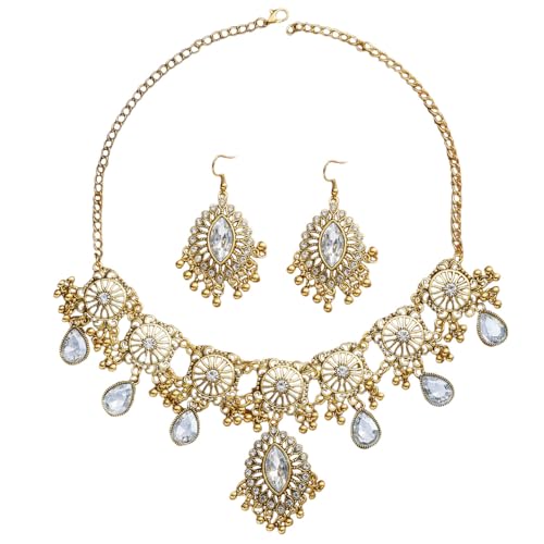 OIDIMS Retro Hollow Out Schmuck-Set Traditionelle Braut Choker Halskette Ohrring für Frauen Kristall Bollywood Statement Boho übertriebene ethnische Antik oxidierte Perlen Quaste Klassisch Hochzeit von OIDIMS