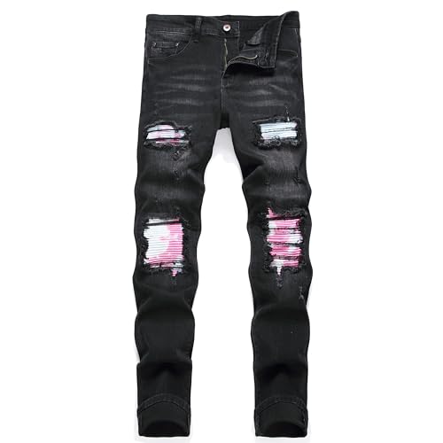 OIIIO Herren-Jeans mit Aufnähern, im Rips-Stretch-Look und normaler Passform, 48 von OIIIO