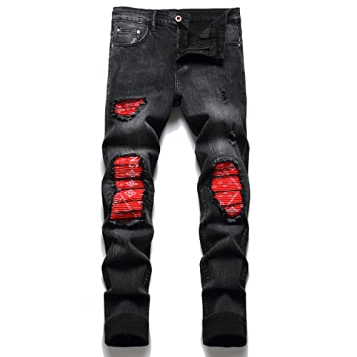 OIIIO Herren-Jeans mit Aufnähern, im Rips-Stretch-Look und normaler Passform, 46 von OIIIO