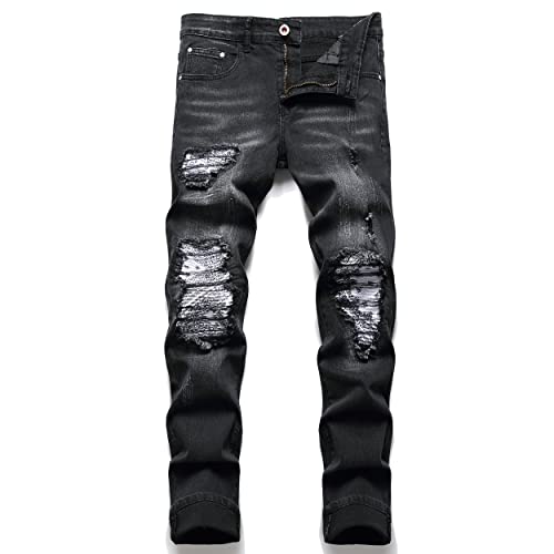 OIIIO Herren Patch Ripped Jeans Stretch Slim Fit Denim Pants, Schwarz-Weiß-6608, 46 von OIIIO