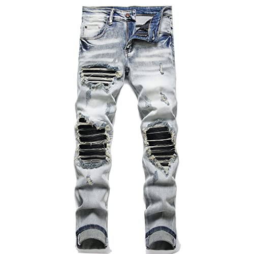 OIIIO Herren Patch Ripped Stretch Regular Fit Stoffhose Jeans, 6628-blau, 48 von OIIIO