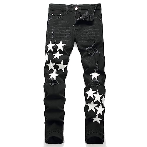 OIIIO Herren Patch Ripped Stretch Regular Fit Jeans, 82301 Schwarz, 48 von OIIIO