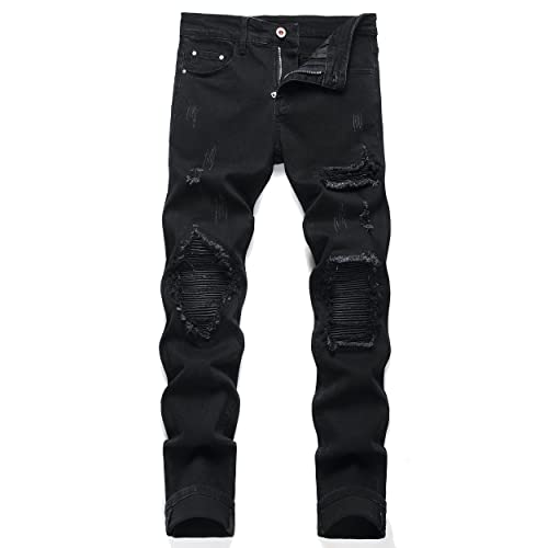 OIIIO Herren Patch Ripped Stretch Regular Fit Jeans, Schwarz, 6601, 56 von OIIIO