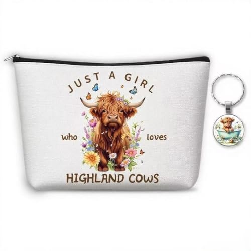 Einzigartige Kosmetiktasche und Schlüsselanhänger mit Highland-Kuh-Motiv, "Just A Girl Who Loves Highland Cow", Geschenk für Frauen, ideal für Reisen und den täglichen Gebrauch Einzigartige Kosmetiktasche und Schlüsselanhänger mit Highland-Kuh-Motiv, "Just A Girl Who Loves Highland Cow", Geschenk für Frauen, ideal für Reisen und den täglichen Gebrauch von OINETRK