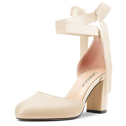 OISEGOP Damen Chunky Blockabsatz Hoher High Absatz Heel Runde Zehenkappe Pumps Knöchelriemen Schnüren Schnürung Hochzeit Dress Stiefel Beige 36 EU von OISEGOP