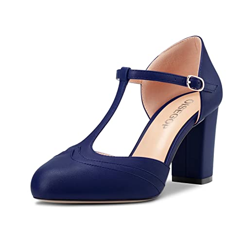 OISEGOP Damen Chunky Blockabsatz Hoher High Absatz Heel Runde Zehenkappe Pumps T-Strap Schnalle Büroschuhe Klassisch 8.5 cm Heels Navy Blau Matt 38 EU von OISEGOP