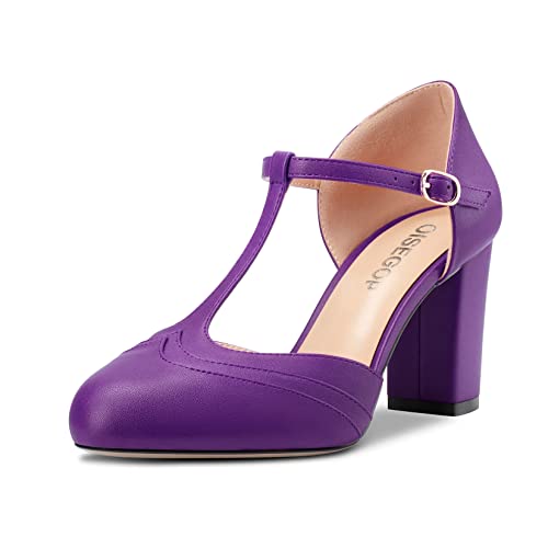 OISEGOP Damen Chunky Blockabsatz Hoher High Absatz Heel Runde Zehenkappe Pumps T-Strap Schnalle Büroschuhe Klassisch 8.5 cm Heels Violett Matt A 39 EU von OISEGOP