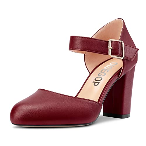 OISEGOP Damen Chunky Blockabsatz Hoher High Absatz Heel Runde Zehenkappe Pumps Two-Piece Schnalle Büroschuhe Klassisch Schuhe Burgund Rot 36 EU von OISEGOP