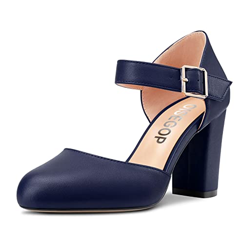 OISEGOP Damen Chunky Blockabsatz Hoher High Absatz Heel Runde Zehenkappe Pumps Two-Piece Schnalle Büroschuhe Klassisch Schuhe Navy Blau 38 EU von OISEGOP