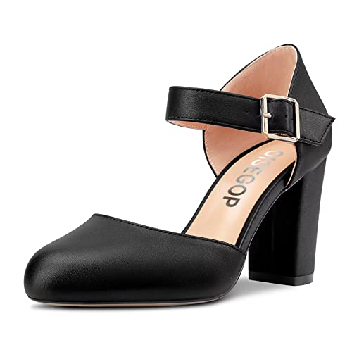 OISEGOP Damen Chunky Blockabsatz Hoher High Absatz Heel Runde Zehenkappe Pumps Two-Piece Schnalle Büroschuhe Klassisch Schuhe Schwarz 40 EU von OISEGOP