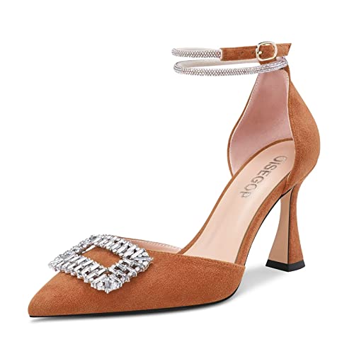 OISEGOP Damen Chunky Blockabsatz Hoher High Absatz Heel Spitze Zehenkappe Pumps Knöchelriemen Diamant Kristall Hochzeit Dress Schuhe Braun Wildleder 43 EU von OISEGOP