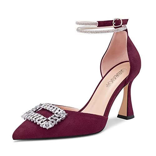 OISEGOP Damen Chunky Blockabsatz Hoher High Absatz Heel Spitze Zehenkappe Pumps Knöchelriemen Diamant Kristall Hochzeit Dress Schuhe Burgund Rot Wildleder 40 EU von OISEGOP