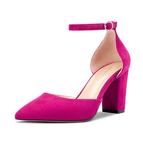 OISEGOP Damen Chunky Blockabsatz Hoher High Absatz Heel Spitze Zehenkappe Pumps Knöchelriemen Two-Piece Schnalle Hochzeit Sexy Schuhe Magenta Rot Wildleder A 36 EU von OISEGOP