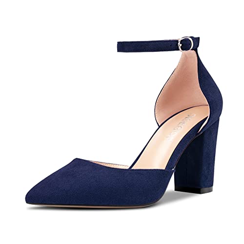 OISEGOP Damen Chunky Blockabsatz Hoher High Absatz Heel Spitze Zehenkappe Pumps Knöchelriemen Two-Piece Schnalle Hochzeit Sexy Schuhe Navy Blau Wildleder 40 EU von OISEGOP