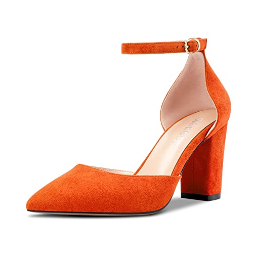 OISEGOP Damen Chunky Blockabsatz Hoher High Absatz Heel Spitze Zehenkappe Pumps Knöchelriemen Two-Piece Schnalle Hochzeit Sexy Schuhe Orange Wildleder 39 EU von OISEGOP