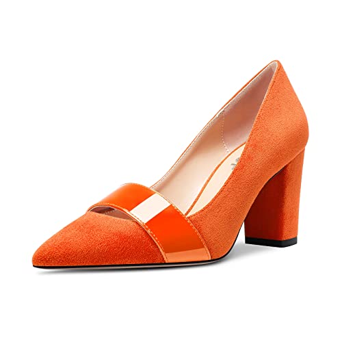 OISEGOP Damen Chunky Blockabsatz Hoher High Absatz Heel Spitze Zehenkappe Pumps Slip-on Lässig Dress 8 cm Heels Orange 35 EU von OISEGOP