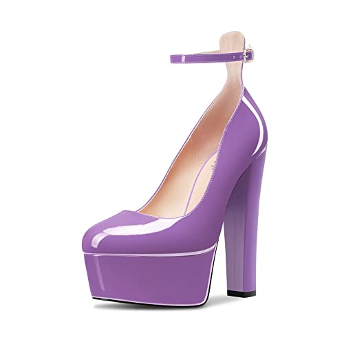 OISEGOP Damen Chunky Blockabsatz Hoher High Plateau Plattform Absatz Heel Runde Zehenkappe Pumps Knöchelriemen Schnalle Party Cute Schuhe Violett 35 EU von OISEGOP