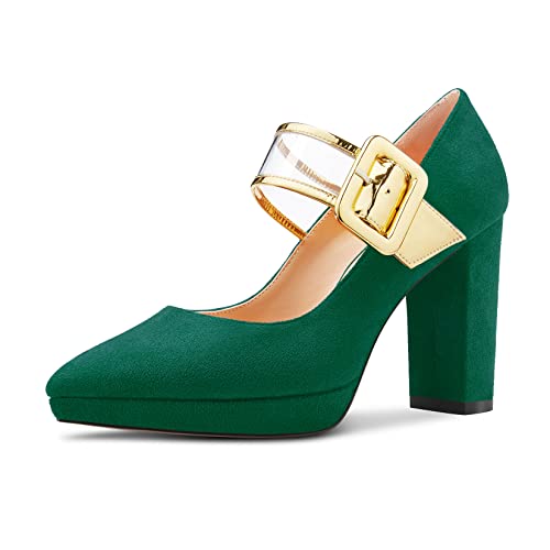 OISEGOP Damen Chunky Blockabsatz Hoher High Plateau Plattform Absatz Heel Spitze Zehenkappe Pumps Knöchelriemen Mary Jane Schnalle Party Cute 10 cm Heels Tiefgrün 38 EU von OISEGOP