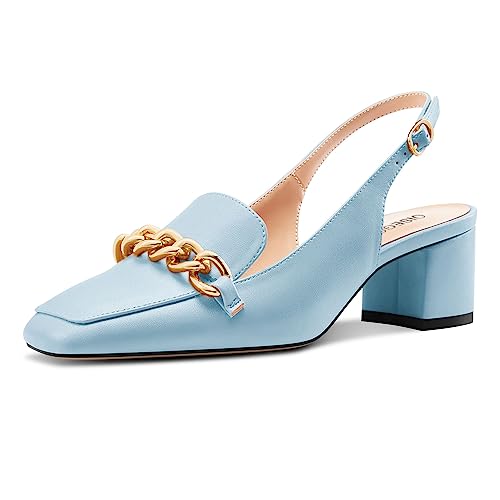 OISEGOP Damen Chunky Blockabsatz Mittlerem Absatz Heel Eckige Zehenkappe Pumps Slingback Slip-on Metall Kette Büroschuhe Cute Sommer 5 cm Heels Himmelblau 41 EU von OISEGOP