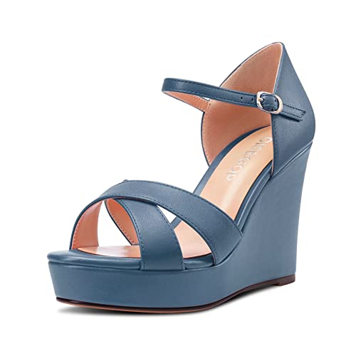 OISEGOP Damen Hoher High Keilabsatz Plateau Plattform Absatz Heel Peep Open Zehenkappe Sandalen Knöchelriemen Schnalle Hochzeit Sexy Schuhe Blau Matt 36 EU von OISEGOP