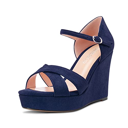 OISEGOP Damen Hoher High Keilabsatz Plateau Plattform Absatz Heel Peep Open Zehenkappe Sandalen Knöchelriemen Schnalle Party Schuhe Navy Blau Wildleder 38 EU von OISEGOP