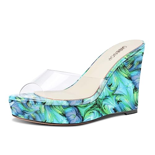 OISEGOP Damen Hoher High Keilabsatz Plateau Plattform Absatz Heel Peep Open Zehenkappe Sandalen Slip-on Lässig Clear Sommer Pantoletten Schuhe Grüner Wirbel 38 EU von OISEGOP