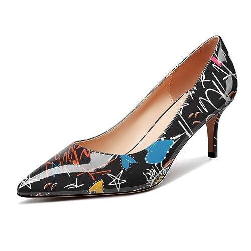 OISEGOP Damen Mittlerem Absatz Heel Spitze Zehenkappe Pumps Slip-on Büroschuhe Klassisch Sommer 6.5 cm Heels Schwarzes Graffiti 39 EU von OISEGOP