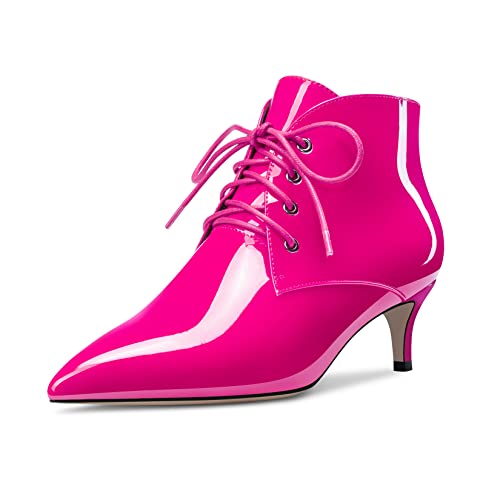 OISEGOP Damen Mittlerem Kitten Absatz Heel Spitze Zehenkappe Stiefeletten Schnüren Schnürung Reißverschluss Büroschuhe Cute 5 CM Heels Magenta 38 EU von OISEGOP