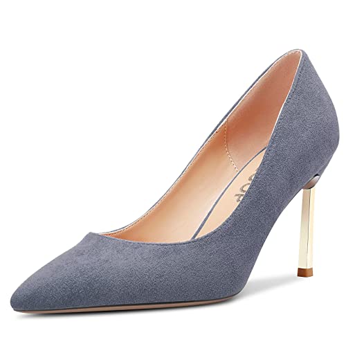 OISEGOP Damen Stiletto Hoher High Absatz Heel Spitze Zehenkappe Pumps Slip-on Hochzeit Dress Klassisch 8.5 cm Heels Grau Wildleder 38 EU von OISEGOP