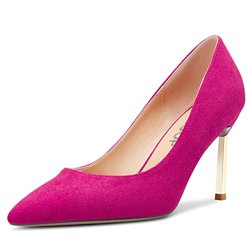 OISEGOP Damen Stiletto Hoher High Absatz Heel Spitze Zehenkappe Pumps Slip-on Hochzeit Dress Klassisch 8.5 cm Heels Magenta Rot Wildleder A 35 EU von OISEGOP