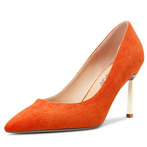 OISEGOP Damen Stiletto Hoher High Absatz Heel Spitze Zehenkappe Pumps Slip-on Hochzeit Dress Klassisch 8.5 cm Heels Orange Wildleder 35 EU von OISEGOP