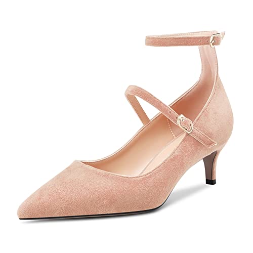 OISEGOP Damen Stiletto Mittlerem Absatz Heel Spitze Zehenkappe Pumps Knöchelriemen Schnalle Hochzeit Dress 5 cm Heels Beige 38 EU von OISEGOP