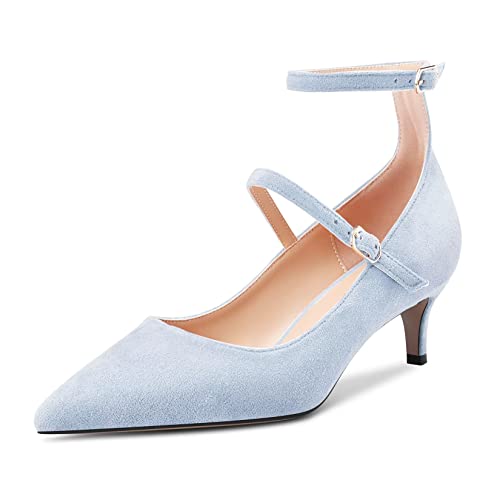 OISEGOP Damen Stiletto Mittlerem Absatz Heel Spitze Zehenkappe Pumps Knöchelriemen Schnalle Hochzeit Dress 5 cm Heels Hellblau 38 EU von OISEGOP