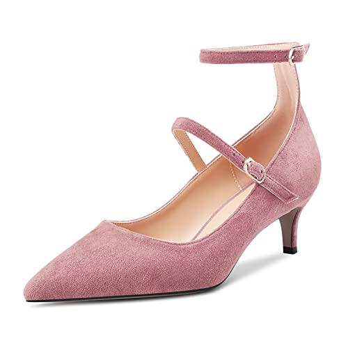 OISEGOP Damen Stiletto Mittlerem Absatz Heel Spitze Zehenkappe Pumps Knöchelriemen Schnalle Hochzeit Dress 5 cm Heels Rosa 38 EU von OISEGOP