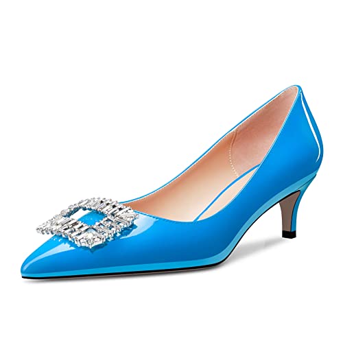 OISEGOP Damen Stiletto Mittlerem Absatz Heel Spitze Zehenkappe Pumps Slip-on Diamant Kristall Party Cute 5 cm Heels Blau 44 EU von OISEGOP