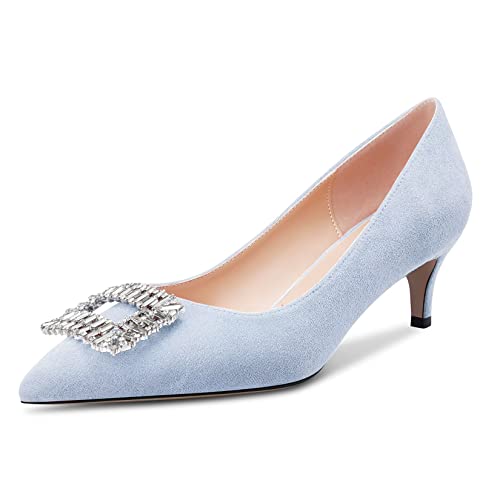 OISEGOP Damen Stiletto Mittlerem Absatz Heel Spitze Zehenkappe Pumps Slip-on Schnalle Diamant Kristall Hochzeit Dress 5 cm Heels Hellblau Wildleder 39 EU von OISEGOP