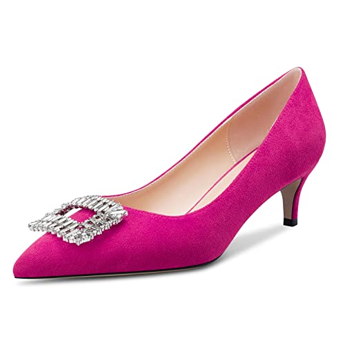 OISEGOP Damen Stiletto Mittlerem Absatz Heel Spitze Zehenkappe Pumps Slip-on Schnalle Diamant Kristall Hochzeit Dress 5 cm Heels Magenta Rot Wildleder A 44 EU von OISEGOP