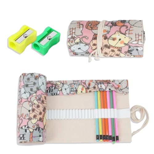 OIUAVYR 1 Stück Stifterolle Rollmäppchen 72 Löcher Stifterolle Kinder Rollmäppchen Pinsel Canvas Pinseltasche Künstler Waschbar für Aquarellstifte Bleistifte Buntstifte Schule,mit 2 Bleistiftspitzer von OIUAVYR