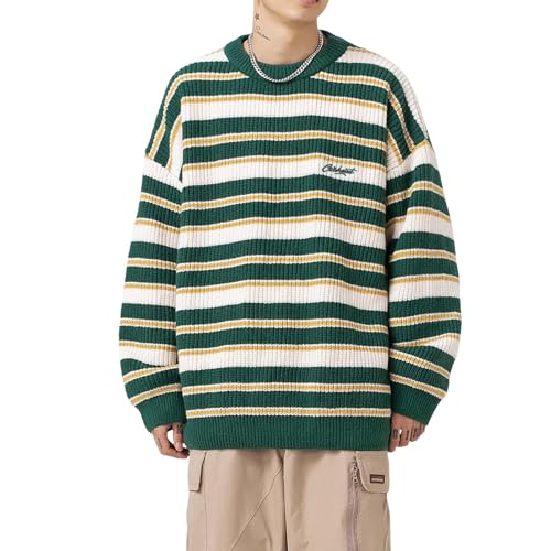 OIUHJN Männlich Herbst/Winter Lose Kontrast Streifen Kontrast Dicke Nadel Pullover Retro Kontrast Japanischen Rundhals Strick Mantel Wollmantel Herren Herbst (Green, M) von OIUHJN