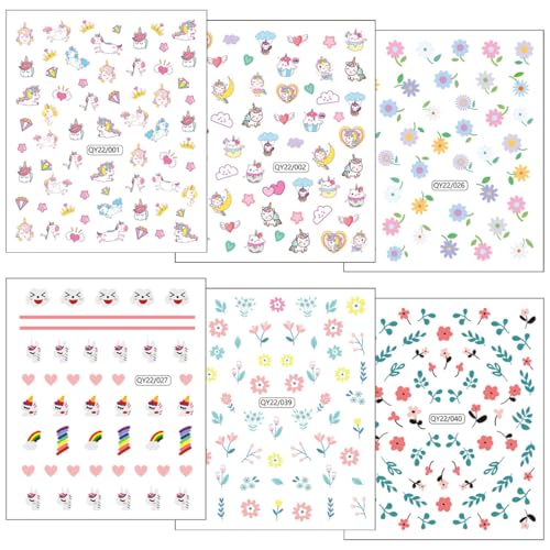6 Blatt Nagelsticker Kinder, Süße Einhorn Blumen Nagelsticker Für Kinder Nail Art Sticker Selbstklebend Nagelaufkleber Regenbogen Blumen Frucht Dekoration Nageldesign Zubehör 6 Blatt Nagelsticker Kinder, Süße Einhorn Blumen Nagelsticker Für Kinder Nail Art Sticker Selbstklebend Nagelaufkleber Regenbogen Blumen Frucht Dekoration Nageldesign Zubehör von OIXEYA